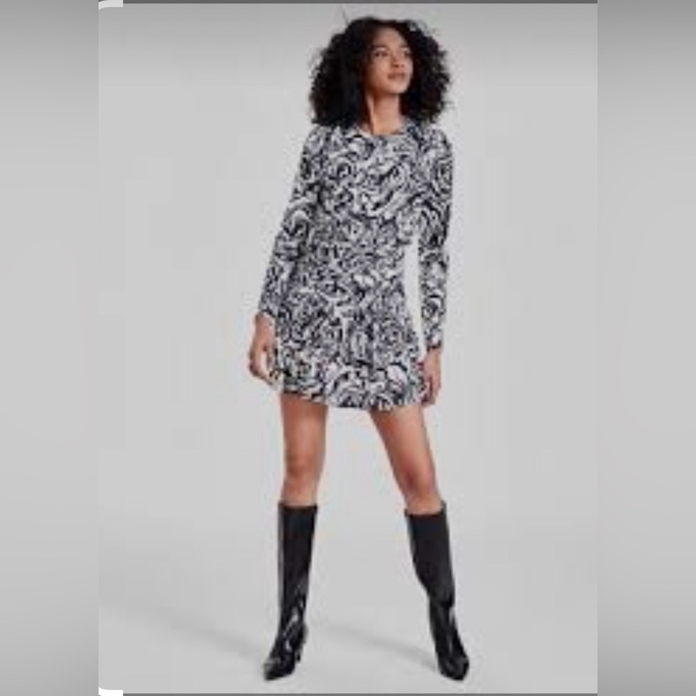 NWT Bar III Black White Floral Ruched Mini Dress M Long Sleeve party sexy chic - Picture 4 of 10